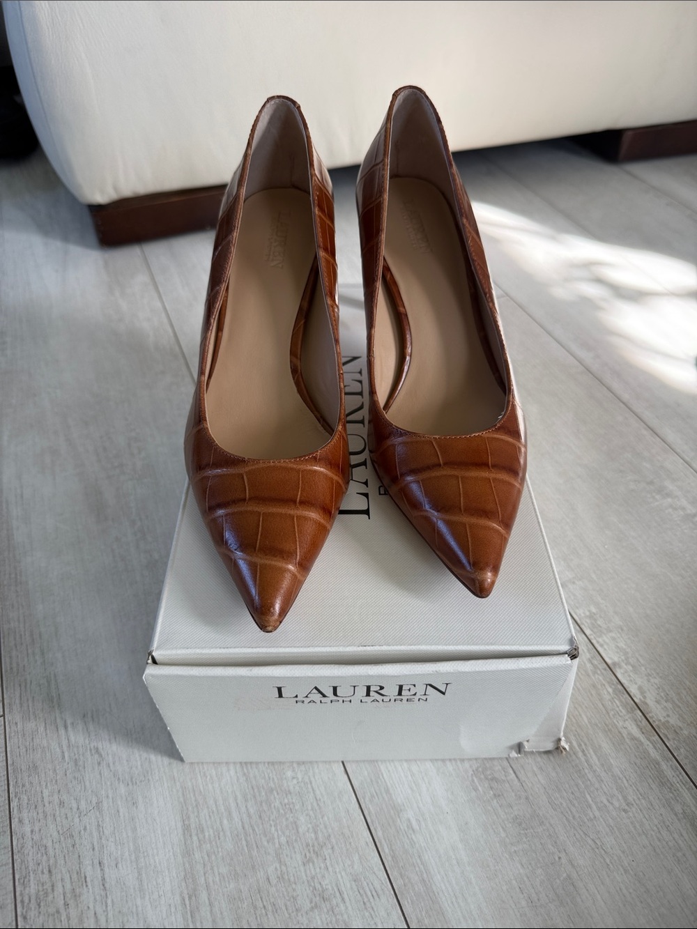 Lauren Ralph Lauren Cognac Croc-Embossed Leather Stiletto Pumps